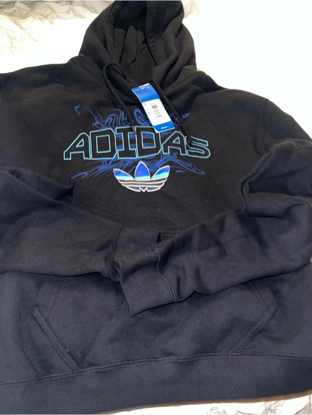 adidas Black Hoodie with Blue Gradient Trefoil and Teal Outline Logo S